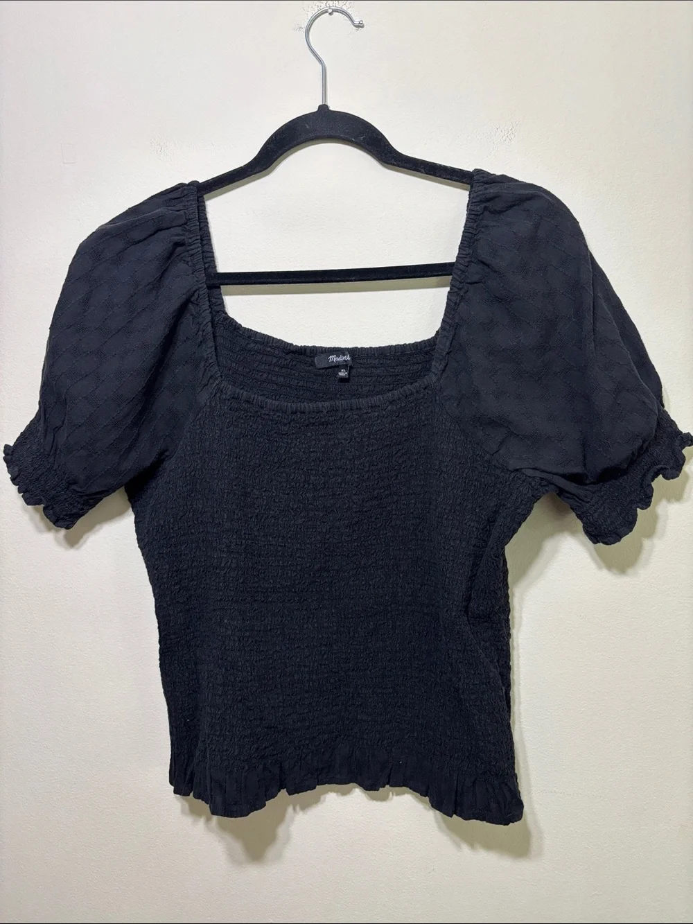 Madewell Black Smocked Puff-Sleeve Square Neck Top